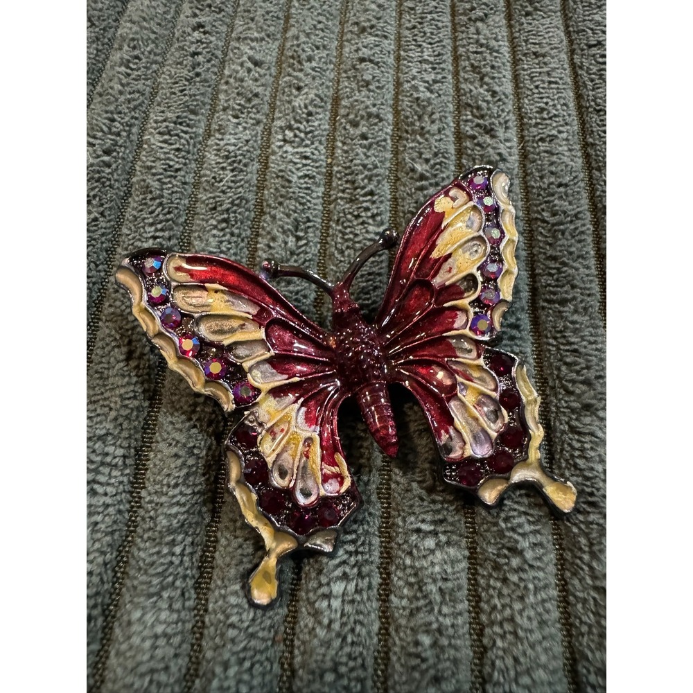 Butterfly Brooch Pin Red‎ Yellow Rhinestone Accent Vintage Style Statement Piece